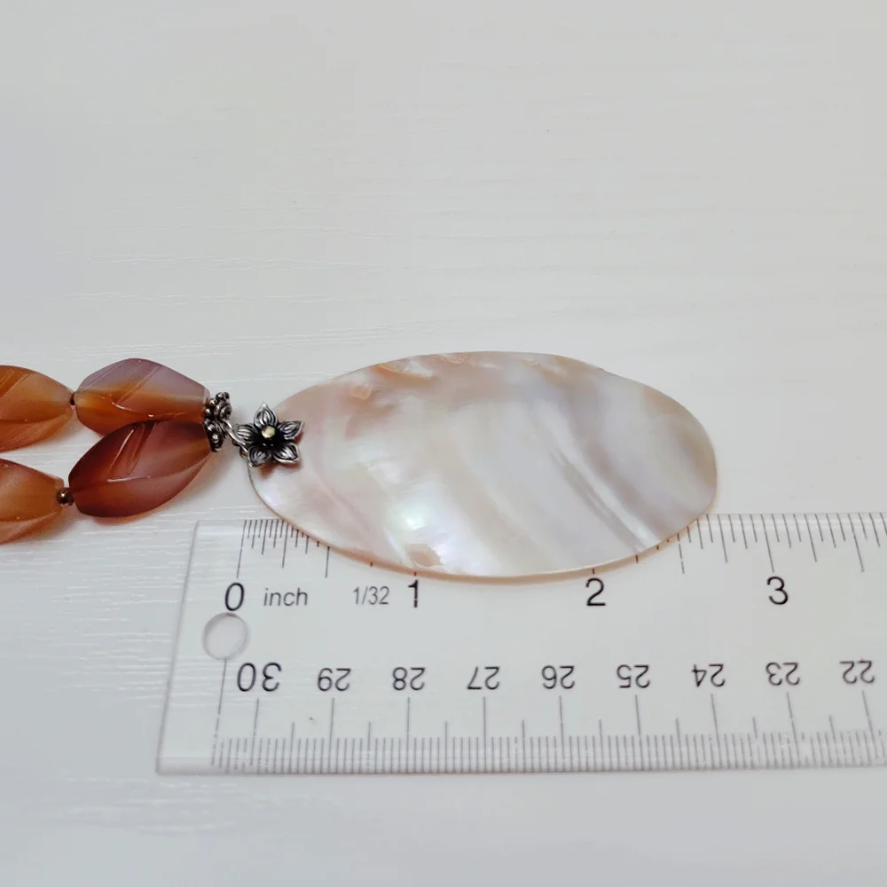 Vintage Sterling Silver Carnelian Mother Of Pearl Floral Pendant Necklace 18
